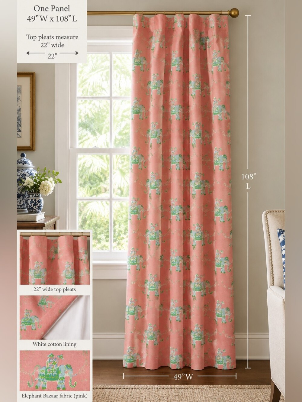 Lilly Pulitzer - Lee Jofa Elephant Bazaar Custom Drapery panel 108" ONE